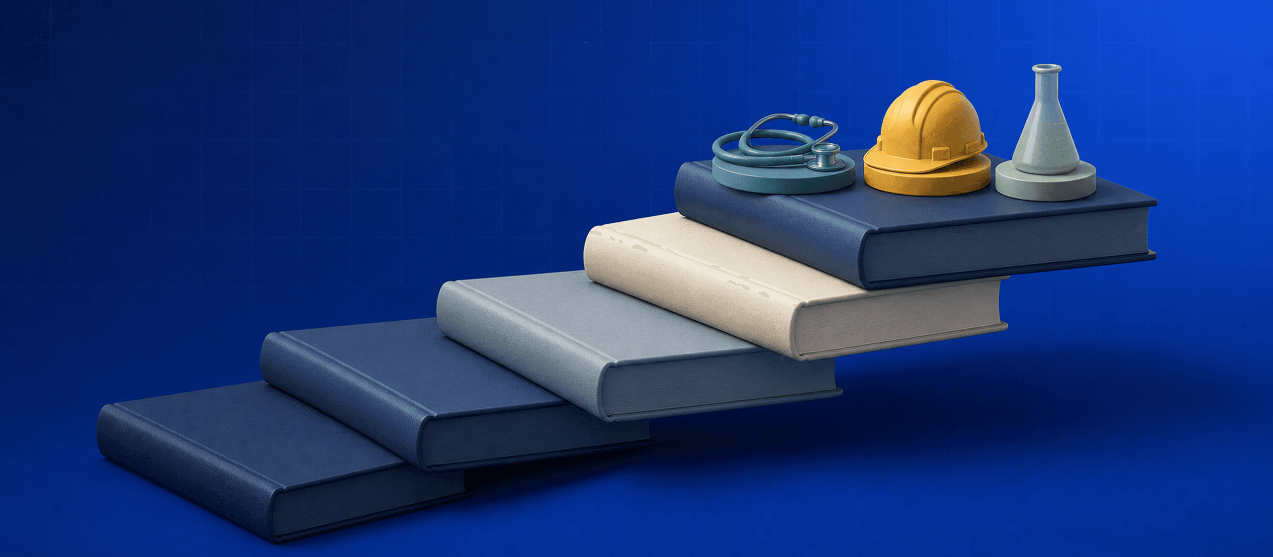 A rising path of textbooks leading toward the tools of real careers — a stethoscope, a hard hat, a lab flask